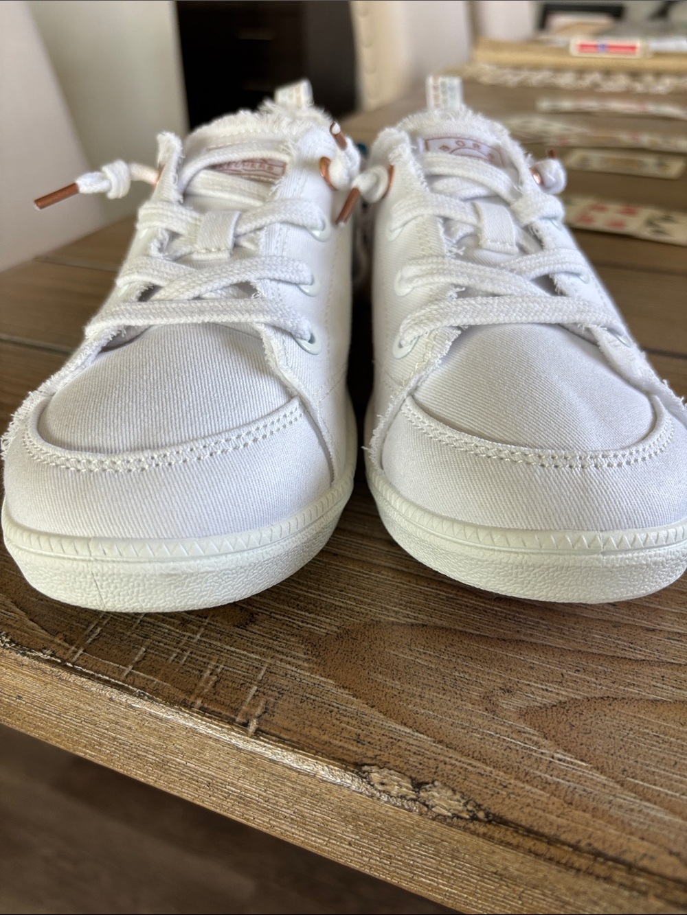 Bob’s from Skechers White Canvas Memory Foam Sneakers with Rose Gold Accents - Picture 8 of 10